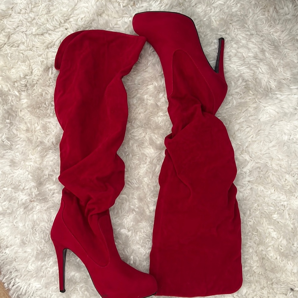 Red Knee high faux suede heeled boots